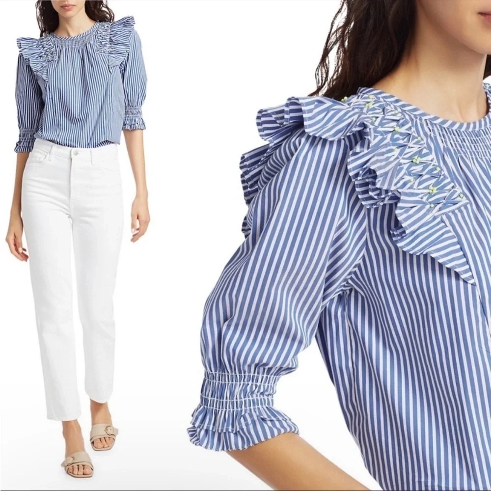 Tanya Taylor Pilar Striped Ruffle-Trim Blouse size 8 Blue White Cotton Blend - Picture 3 of 14